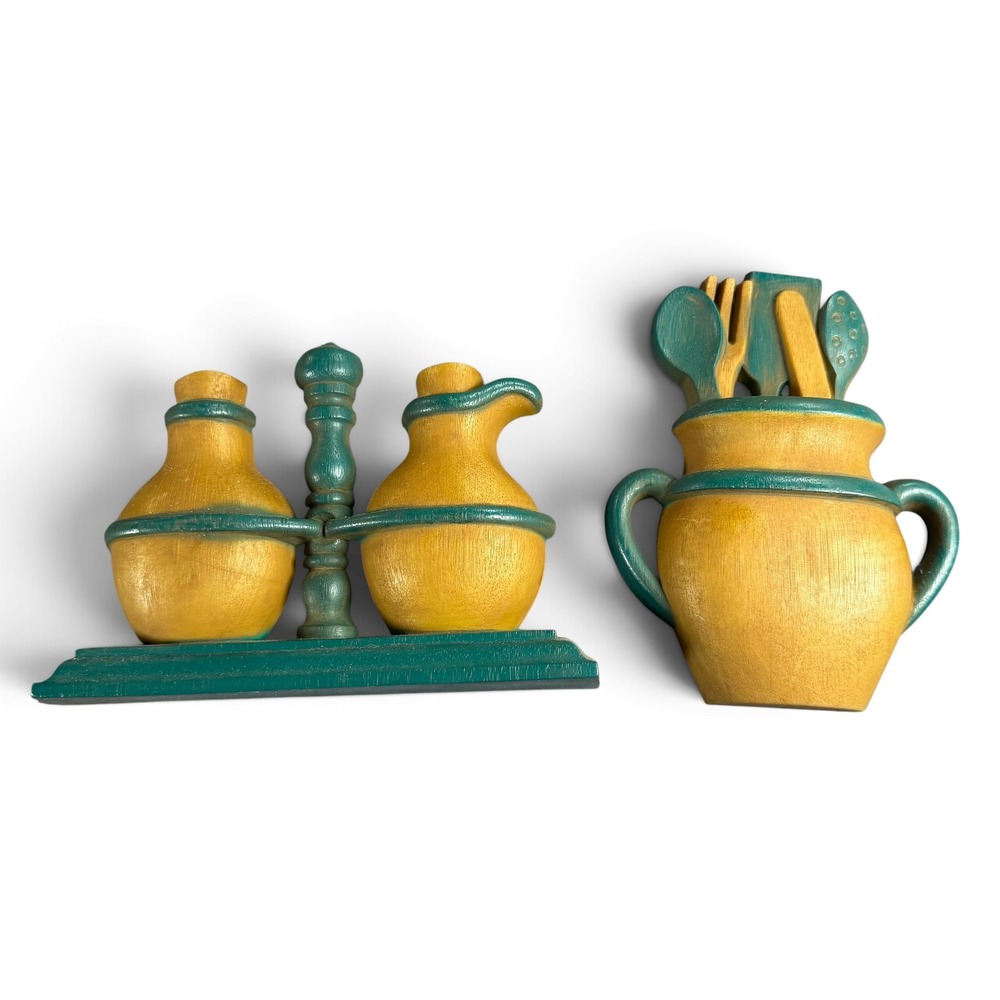 Vintage Syroco Kitchen Wall Plaques Set 1987 Cruet Utensil Made in USA